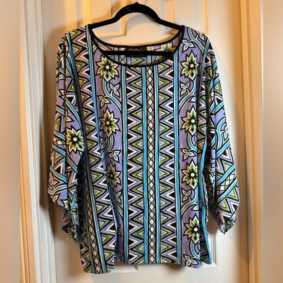 Bob Mackie Tops - Bob Mackie Blue Black Graphic 3/4 Sleeve Blouse #Art to Wear #Statement Sleeves